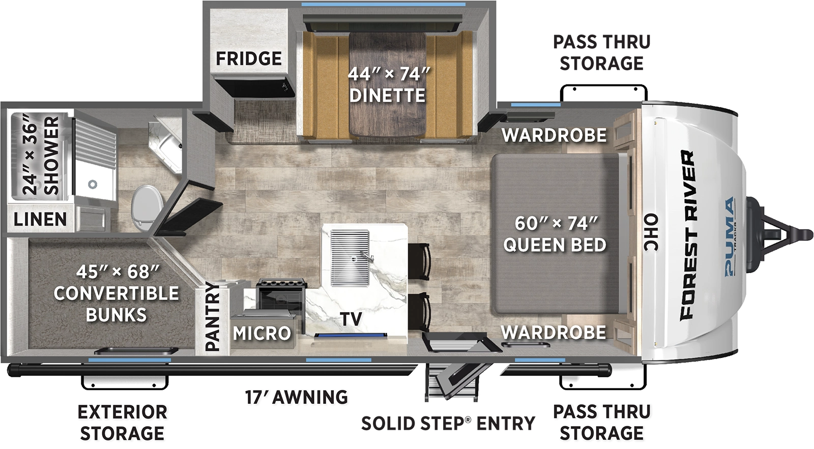 The Puma Tracks 235BH floorplan has one entry and one slide out. Exterior features include: fiberglass exterior and 17' awning. Interiors features include: bunk beds and front bedroom.